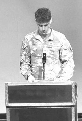 Veteran Bill Schaad, above, addressed the audience, as did 2023 CHS grad and current soldier Brady Brestel, below.