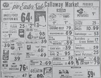 * This pre-Easter sale ad for Callaway Market appeared in the April 7, 1976, issue of the Callaway Courier.