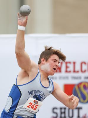 Rio Remund made his first shot put appearance at the state meet, finishing 22nd in Class C.  (Courier photo by Corbey Dorsey)