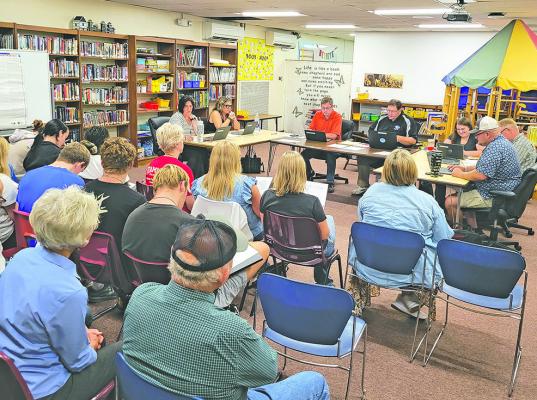 There was a full house in attendance at the Sept. 9 meeting of the Callaway Board of Education, with the primary point of interest being a discussion on adopting a new student dress code policy. Several community members shared their thoughts on the issue before the board voted to approve the first reading of an amended policy. (Courier photo by Ellen Mortensen)