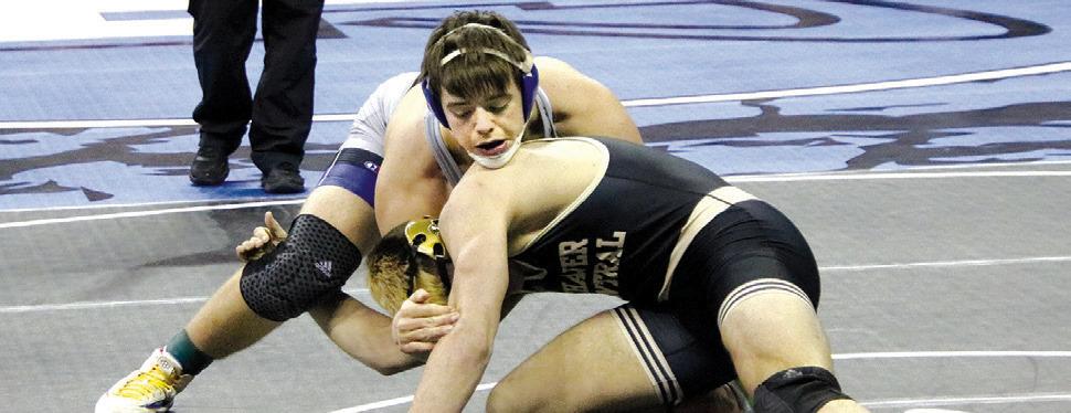 South Loup wrestler Dawson Doggett tries to score some points against Cole Vorderstrasse of Thayer Central in the first round of consolation matches in Omaha last Friday. (Courier photo by Amanda Wehnes)