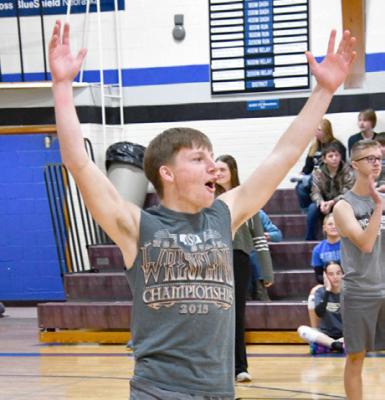 Callaway senior Dawson Mason celebrates a point during one of last week's 1-bounce tournament volleyball matches.
