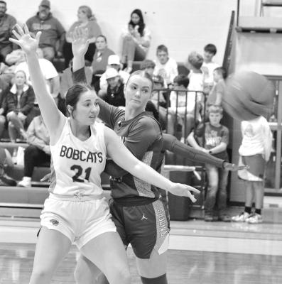 Jazlynn Bechtold posts up during the game vs. Medicine Valley on Dec. 15. (Courier photo by Patti Schwarz)