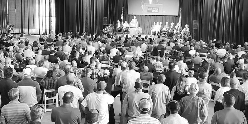 A standing-room-only crowd listens as Gov. Jim Pillen comments on the $750 million liquid fertilizer plant coming to Gothenburg. Construction on the new plant is set to begin yet this year. (Photo courtesy GIC))