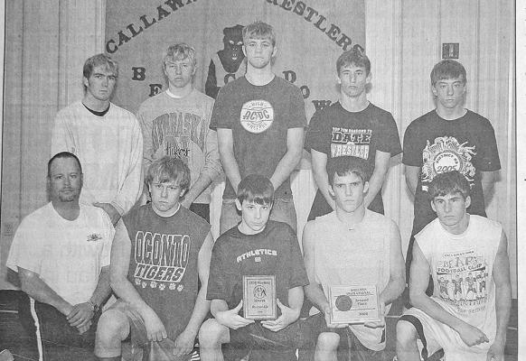 The Callaway Bears took second place at both the SEM Invite and the Shelton Invite. Front row, from left, are: Head Coach Jim Johnson, Clint Eggleston, Justin Hoesel, Charlie Pitkin, Seth Morrison; back row: Kyle Berg, Casey Nelson, Mark Phelps, Brock Miller, and Tyler Hanson. Not pictured: Kurt Berg and Travis Stithem.
