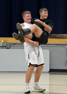 Lance Jones and Joey Sallach in "baby's cradle" during the Ships and Sailors game.