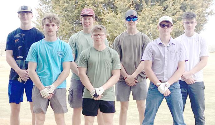 Members of the 2025 South Loup boys golf team are, front row, from left: Harper Johnson, Bo Brennan, and Haydn Stretesky; back row, Jamie Tickle, Crew Witthuhn, Callan Witthuhn, and Asher Evans. Not pictured: Luke Tullis and Hayden Myers. (Photo courtesy South Loup Sports)
