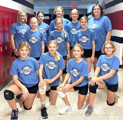 Members of the 2023 Bobcat 6th grade volleyball team are: Front row, from left - Rylee Trumbull, Addison Dalrymple, Georgia Guthrie, Avery Corbin; Row two - Lauren Reiff, Paityn Dailey, Amelia Pandorf; Back row - Coach Della Dailey, Carlee Smith, Paisley Witthuhn, Berklee Preston, Coach Michelle Preston.