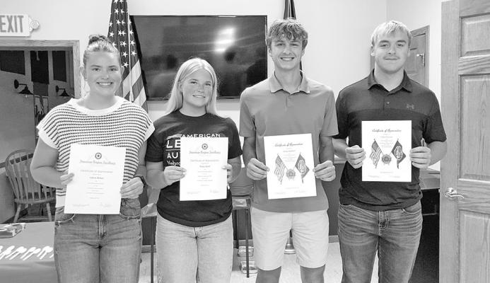 ABOVE: Delegates to Cornhusker Boys and Girls State representing the Callaway American Legion and Legion Auxiliary recently shared about their experience with Legion and Auxiliary members, and family members. The students were presented with Certificates of Appreciation on behalf of the Callaway Legion Post. From left are Aubrie Birkel, Neltje Reiff, Dylan Pandorf, and Caleb Furrow. (Photo courtesy Mary Ann Boldt)