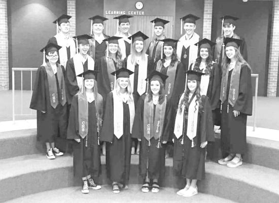 The Callaway High School Class of 2019 on graduation day. None of the students could have predicted it would be the last time all 17 would be together, as a year later tragedy claimed the life of one of the class members. (Photo courtesy Mikayla McFate)