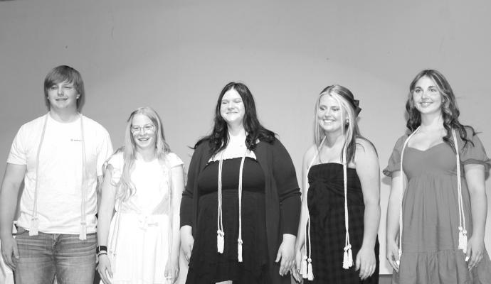 Seniors receiving their honor cords to wear during graduation are, from left, Joey Sallach, Josie Reiff, Skylar Ellison, Maggie Birkel, and Jazlynn Bechtold. (Photo courtesy CHS)