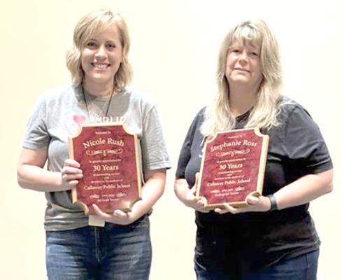 Nicole Rush (left) and Stephanie Ross were recently honored for 30 years of service to Callaway Public School. (Photo courtesy Callaway Public School)
