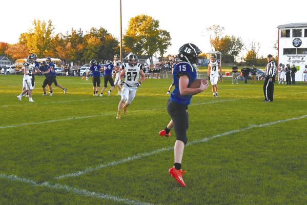 Dawson Mason hauls in the pass from Dylan Pandorf and is caught just short of a Bobcat touchdown. (Courier photos by Loleta Connell)