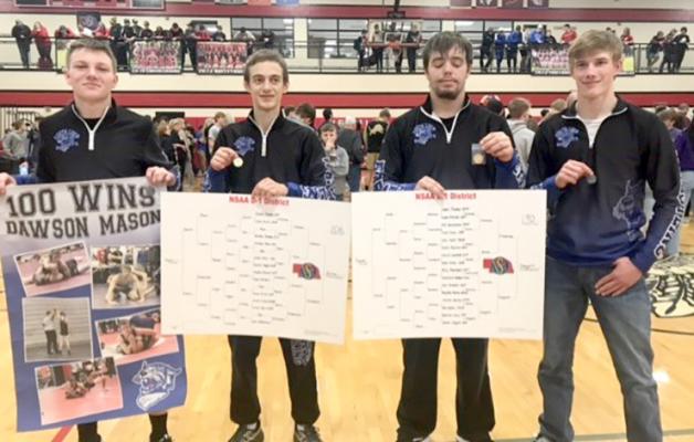 Four Bobcat wrestlers made thier way through District competition and begin their quest for a state medal in Omaha today. From left are Dawson Mason, Josiah Coleman, Dawson Doggett, and CJ Quandt. Courier photo by Brandy Mason)