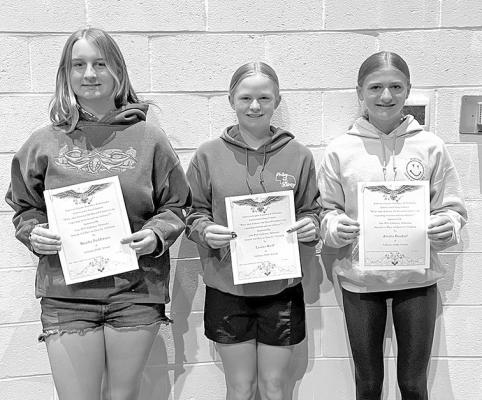 7th grade winners of the Callaway Legion Auxiliary Americanism contest were, from left, Brooke Feddersen, Lauren Reiff, and Amelia Pandorf.