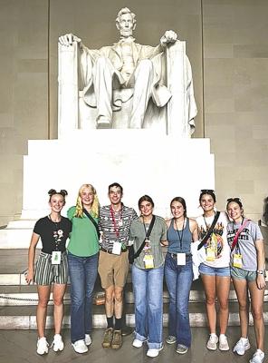 The students went to the National Mall to view the monuments and loved the Lincoln Memorial. From left: Delanie Weinman, Emma Stallbaumer, Eli Rogers, Charli Pandorf, Bindi Peters, Erin Taylor, and Charli Blakeman. (Photos courtesy Nicole Badgley)
