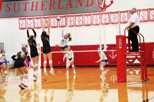 A callaway player goes to spike the volleyball back over the net