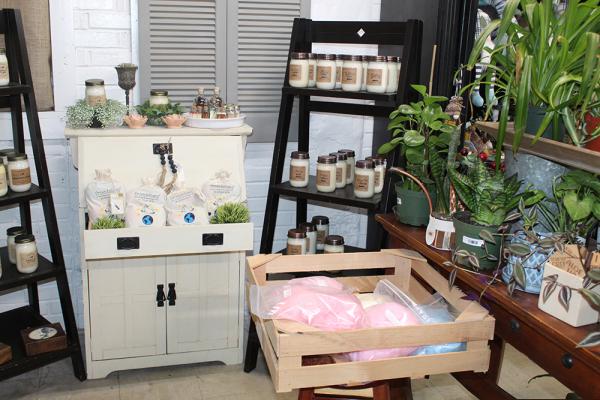 A collection of shelves carrying potted plants, cotton candy, ecofriendly dryer balls, and white mason jars.