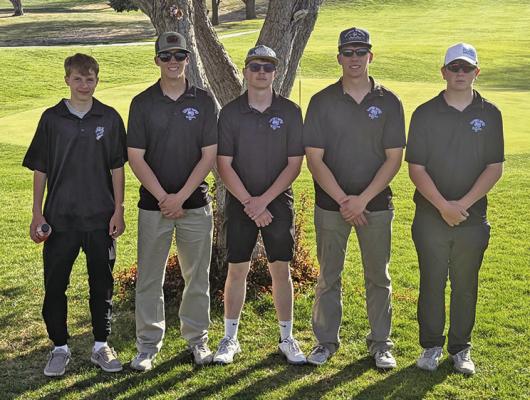 The South Loup golf team of, from left, Kyson Strestesky, Callan Witthuhn, Haydn Stretesky, Crew Witthuhn, and Dawson Downing, earned 1st place in the team standings at the A/M quad on April 14. (Photo courtesy Jeff Cole)