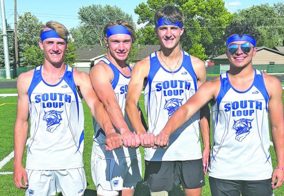 ABOVE: The men's 4x100 relay team of, from left, Ethan Furne, AJ Starr, Dylan Pandorf, and Conner Paulsen, are the distric champions, new school record holders, and state championship bound.