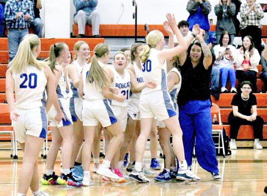 It has been a rough season for first-year head coach Ali Goodenow and her South Loup Lady Bobcats, but the girls had something to celebrate over the holiday break. After a loss to Brady in their first game of the Maxwell holiday tournament on Dec. 27, the team bounced back to hold on for a 1-point win over Sandills Valley on Saturday, Dec. 28, 36-35. No other information on the games was made available. (Courier photo by Rhonda McFate)
