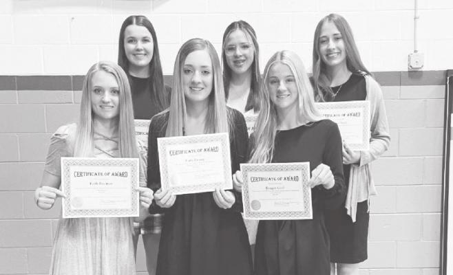 Callaway and Arnold Custer County Foundation Scholarship recipients are, front row from left: Faith Bierman, Carly Gracey, Reagan Cool - Arnold High School; Back row: Irelyn Rosfeld, Lila Bloomer, Sophia Doyle - Callaway High School. (Photo courtesy Ann Rosfeld)