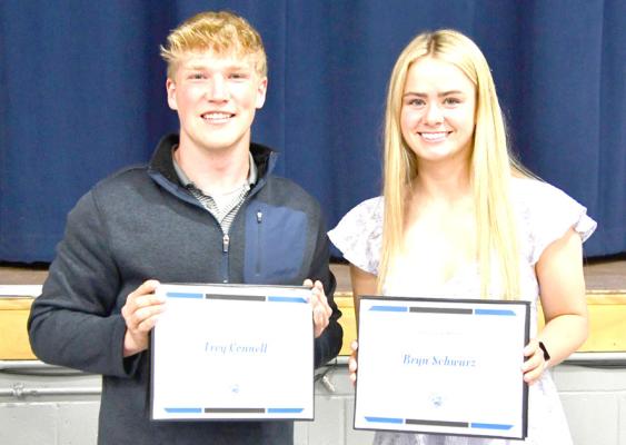 ABOVE: Student athletes who participate in South Loup sports were recognized during a banquet on May 7. BELOW: Trey Connell and Bryn Schwarz were named the Male and Female Athletes of the Year for South Loup during the May 7 program. (Photos by Loleta Connell)
