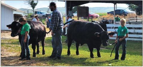 Waiting their turn to show are Breckyn and Olivia Doggett and their father, Rod Doggett, standing by for moral support. (Courier photo by Loleta Connell)