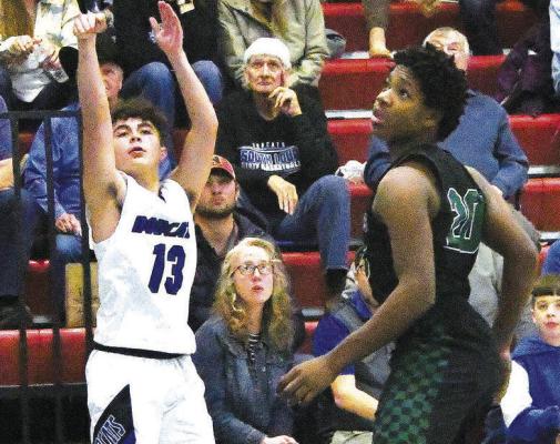 (Left) Junior Joey Sallach shoots a 15-foot jumper in the Bobcats 4831 win over the Bertrand Vikings on Saturday afternoon. (Right) Freshman Conner Paulsen hits his third 3-point shot against Sandhills/ Thedford on Thursday evening. (Courier photos by Leta Connell)
