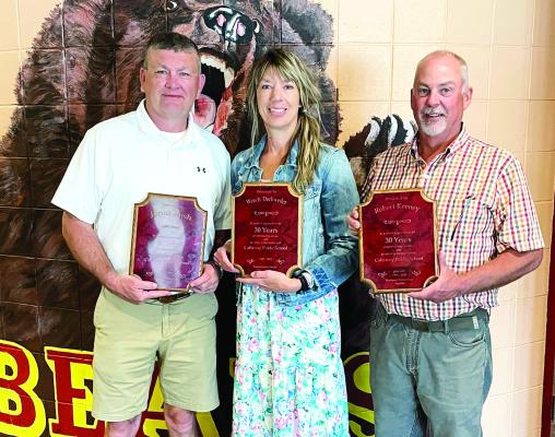 From left: Callaway teachers Jared Rush, Wendy Dockweiler and Bob Keeney were recognized for each serving the district for 30 years. (Photo courtesy Callaway Public School)