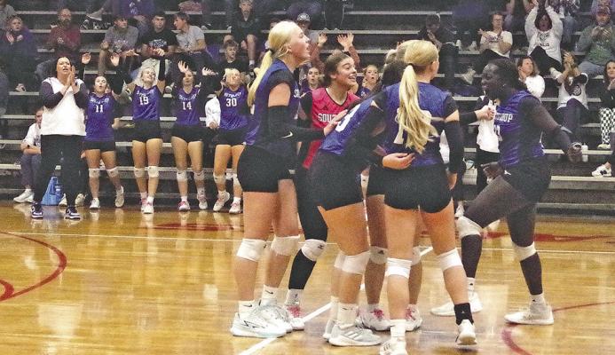 The Lady Bobcats celebrate a win during the MNAC volleyball tournament last week hosted at Brady High School. (Courier photo by Ronda McFate)