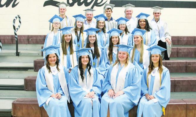 The Callaway High School graduating Class of 2022 are, Front row, from left: Kinsey Pflaster, Sharon Ellison, Taylor Feddersen, Heidi Donegan; Second row: Lila Bloomer, Irelyn Rosfeld, Mya Weverka, Kylie Thomsen; Third row: Beth Kranz, Sophia Doyle, Emalee Glendy, Megan Donegan, Isabelle Stallbaumer; Back row: Bryant Leeper, Jacob Heusman, Talon Crago, Owen Stallbaumer, Stetson Hamilton (Courier Photo by Amanda Koubek-Wehnes)