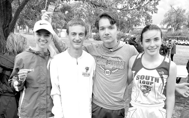South Loup qualifiers for the State Cross Country Championships being held tomorrow in Kearney are, from left, Ella Cool, Josiah Coleman, Logan Recoy, and Ivy Tullis. (Photo courtesy CHS)