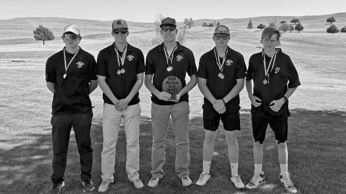 The South Loup golf team finished as the invite runner-up at Mullen last week. Team members are, from left: Dawson Downing, Callan Witthuhn, Crew Witthuhn, Haydn Stretesky, and Kyson Stretesky. (Photo courtesy Coach Jeff Cole)