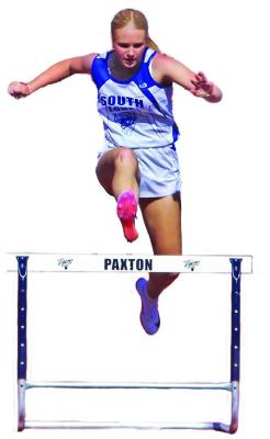 Rae Hagler ran her best time in the women’s 300m Hurdles at the district meet to qualify for the state meet in Omaha this week. She earned the district silver medal. (Courier photos by Ronda McFate)
