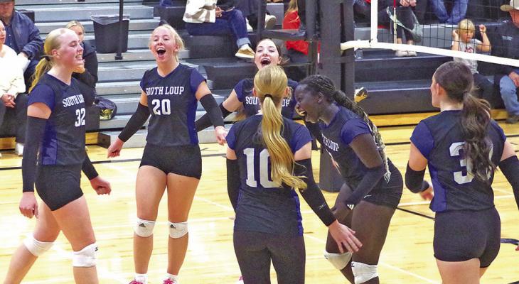 Celebrating a great shot during their final game of the season Oct. 27, are South Loup teammates, from left: Emma Stallbaumer, Asa Starr, Olivia Fitzgerald, Rae Hagler, Nyachay Haidle, and Aubrie Birkel. (Courier photos by Ronda McFate)