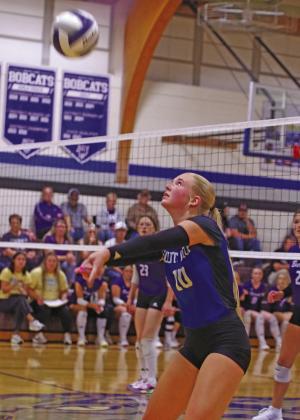 Rae Hagler (#10) gets under the ball to make the pass for the Lady Bobcats. The team is at home this evening, Sept. 10, against Gothenburg. (Courier photo by Ronda McFate)
