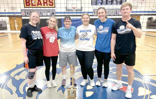 The staff team 'schooled' their students in a just-for-fun volleyball tournament last week at Callaway Public School. From left are Kaylee Brogan, Jadyn Weber, Megan Donegan, Brianna Mowrey, Charmayne Popp, and Zac Sweet. The tournament also served as a fundraiser for the local food pantry. (Photo courtesy CPS)