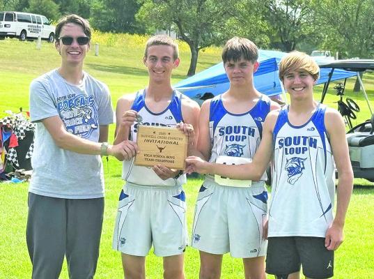 The South Loup boys' cross country team won the first meet of the season last week. From left are: Eli Rogers, Josiah Coleman, Jaden Baker, and Walter Bierman. (Photo courtesy CPS)