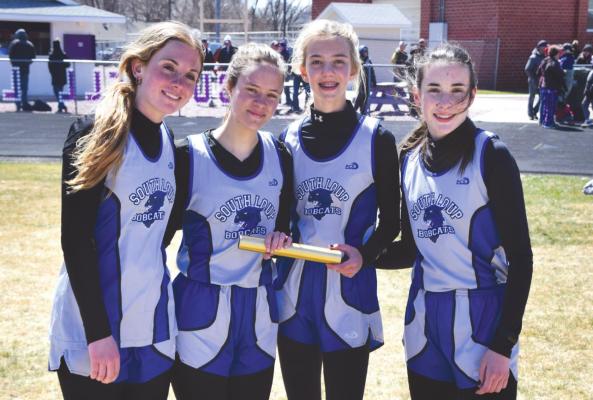 The Lady Bobcats brought home gold in the 4x800 relay with a time of 10:56.80 at the Burwell Invite. Relay team members include from left: Talli Martin, Heidi Donegan, Ella Cool and Ivy Tullis.