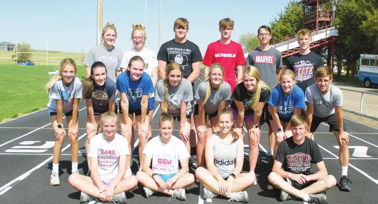 The Bobcats competing in the NSAA Class C State Track Meet in Omaha this week include in the front from left: Faith Bierman, Heidi Donegan, Mya Weverka (alternate) and Dawson Mason (alternate). Second row: Ella Cool, Ivy Tullis, Halie Recoy, Talli Martin, Charli Vickers, Bryn Schwarz, Josie Reiff and Silas Cool. Back row: Taylor Ross, Abby Stallbaumer, Rio Remund, Cache Gracey, Logan Recoy and Trey Connell. Not present for the photo is Reagan Cool. (Photo courtesy of Patti Schwarz)