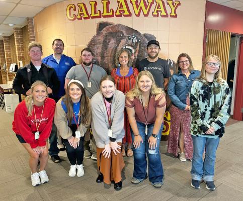 Front Row (Left to right) Jadyn Kleinschmidt (6th grade), Madison Huppert (speech), Courtney Smith (English), Brianna Mowrey (Business/Technology), Beth Kranz (Kitchen Aide). Back Row (Left to Right) Zac Sweet (Physical Education), JD Furrow (Superintendent), Garrett Hrupek (Ag/FFA), Marcia Keeney (Special Education), Jordan Hamilton (Assistant Cook), Christi Furrow (School Nurse) (Heath Birkel photo)