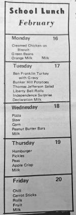 * This school lunch menu appeared in the Feb. 11, 1976, issue of the Callaway Courier.
