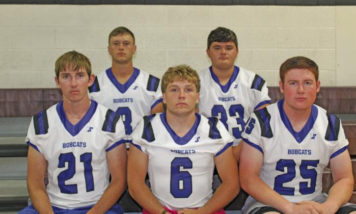 Seniors on the 2026 South Loup football squad are, front row, from left: Noah Anderson, Wacey Schultz, and Malachi Neth; Back row: Elijah Cool, and Taytum Wiese. (Courier photos by Ellen Mortensen)