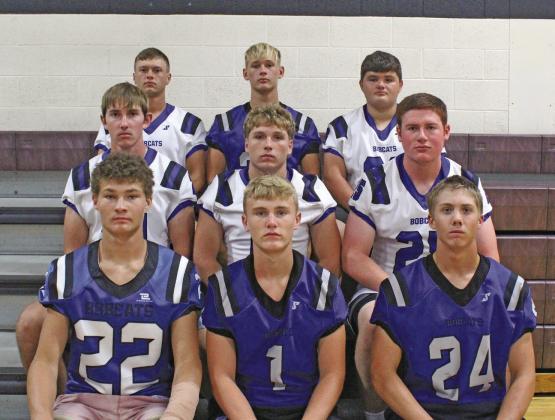 Returning letter winners for the Bobcats football team in 2026 are, front row, from left: Jacob King, Tysen Schacher, and Callan Witthuhn; Row two: Noah Anderson, Wacey Schultz, and Malachi Neth; Row three: Elijah Cool, Braxton Cozad, and Taytum Wiese.