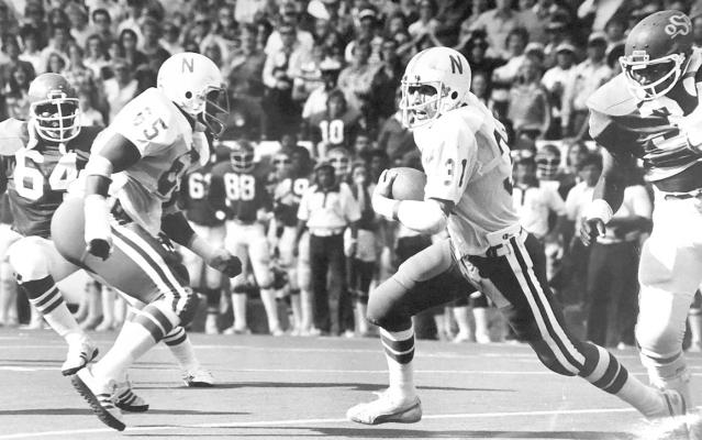 Lexington native Ted Harvey intercepts an Oklahoma State pass for the Huskers during a 1977 game. (Huskers Illustrated photos)