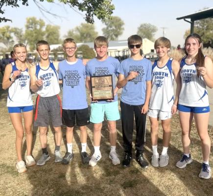 The Bobcats had a great performance at the district cross country meet last week and will be competing at State in Kearney tomorrow, Oct. 25. From left are Ella Cool, Josiah Coleman, Caleb McFate, Dawson Mason, Jaden Baker, Walter Bierman, and Ivy Tullis. (Photo courtesy Arnold Public School)