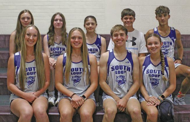 Members of the 2026 South Loup cross country team are front row, from left: Delanie Weinman, Jade Bierman, Walter Bierman, and Lyla Bierman; Back row: Tasia Trotter, Danielle Burd, Lia Russell, Jaden Baker, and Dagen Fletcher. Not pictured is Chloe Coleman. Head Coach Nicole Recoy and Assistant Coach Kim Sallach coach the team. (Courier photos by Ellen Mortensen)