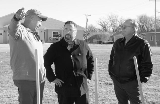 From left, Sen. Tom Brewer, Jerad Reimers and Mark Kimball converse during Tuesday’s groundbreaking ceremony in Callaway.