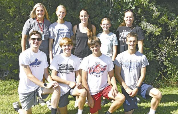 Members of the 2025 South Loup cross country team are, front row, from left: Eli Rogers, Walter Bierman, Jaden Baker, and Josiah Coleman; Back Row (L-R): Assistant Coach Kim Sallach, Chenney Dishman, Kaygan Witthuhn, Lyla Bierman and Head Coach Nicole Recoy. (Courier photo by Leta Connell)